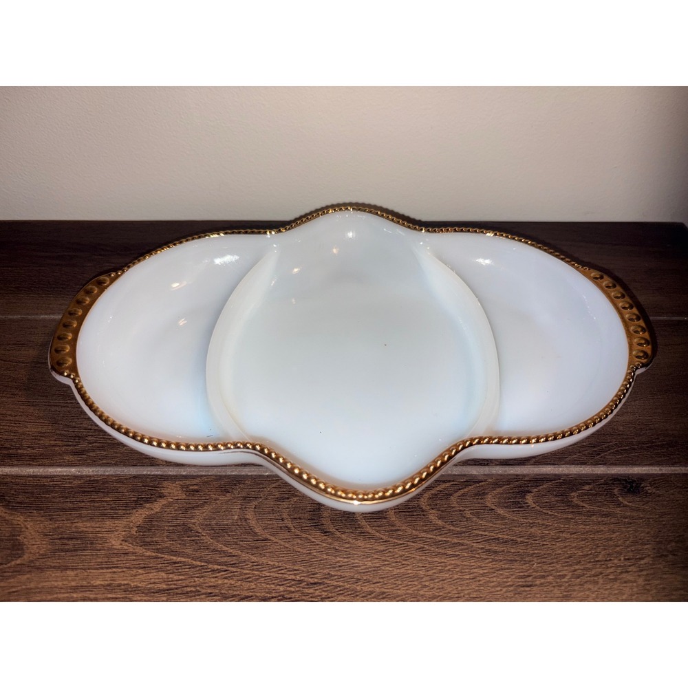 Fire-King Milk Glass Divided Relish Dish Gold Trim Anniversary White 11in‎